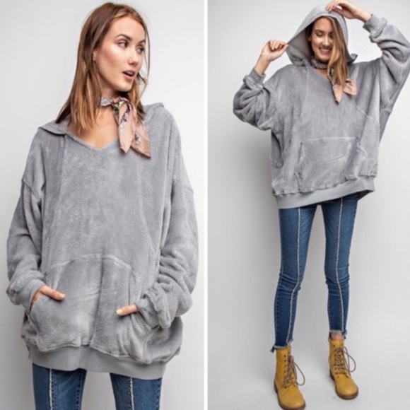 Velour Pullover Kangaroo Pocket Oversized Sweatshirt Hoodie Dove Gray NWT - Picture 2 of 16